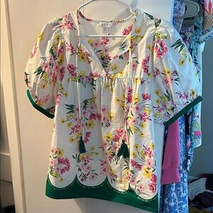 crown & ivy Floral Puff Sleeve Blouse - White, Pink, Green